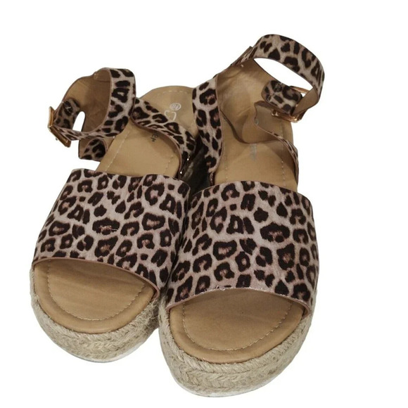 Forever Leopard Animal Print Sandals Espadrille Women Size 8.5 Ankle Strap Brown - Picture 3 of 7